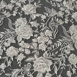 3D Embroidery Flower Lace Fabric, Bridal Ivory White Wedding Dress Lace Applique, Floral Venice Mesh Tulle Veil Sequin Lace by the yards image 4