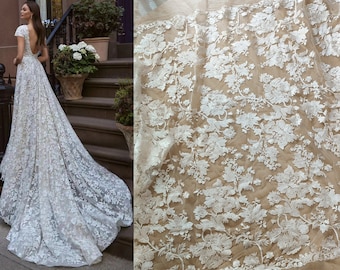 White Ivory Sequin Lace Fabric, Boho Floral lace for Bridal Wedding Dress Gown, Embroidery Tulle flower lace, Veil lace by the yard