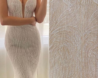 Soft White Lace Fabric, Stripe line Geometric lace with sequin, Bridal Wedding Dress, Embroidery flower Tulle fabric by the yard