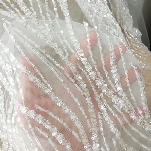 White Ivory Heavy Sequin Beaded Lace Fabric, Stripe Lace Bridal Wedding ...