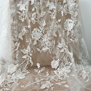 Embroidery Flower clear sequin Lace Fabric, Bridal Ivory White Wedding Dress Lace Applique, Floral Tulle Veil  Lace by the yards