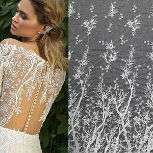 Ivory White leaves Lace Fabric, Snowflake Leaf sequin lace, Bridal Wedding Dress Veil lace, Embroidery flower lace by the yard