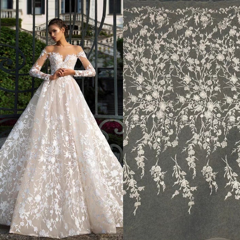 Tela de encaje bordado blanco marfil, encaje floral para vestido de novia, encaje de flores de tul de rayón con hojas cortadas a medida imagen 1