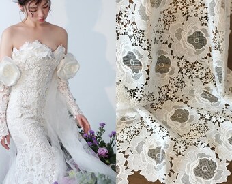 White Crochet lace fabric, Boho Rayon Cotton lace fabric, Guipure bridal lace, Embroidery wedding dress fabric, Flower lace by the yard