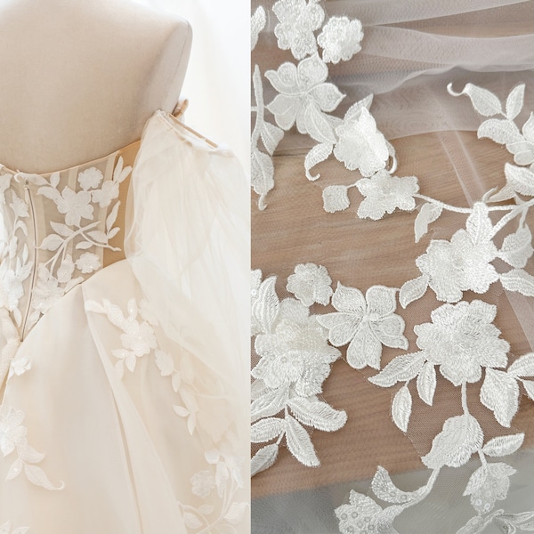 Pair of Ivory Embroidery Leaves Flower Lace Fabric, Sequin lace applique piece, Bridal Wedding Dress Veil Lace trim, 2PCS Floral Back Bodice