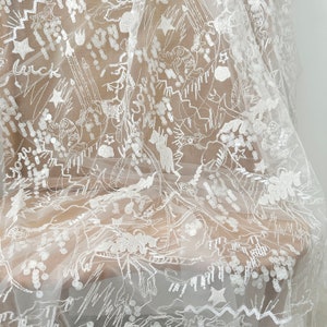 Star Tower Embroidery Sequin Beaded lace Fabric, Soft White Tulle for Bridal Wedding Prom Evening flower girl Dress, Fabric by the Yard