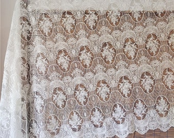 Boho White Ivory Embroidery floral Lace Fabric Bridal Lace material Wedding Dress Soft Alencon Cotton Mesh Scalloped flower lace by the yard