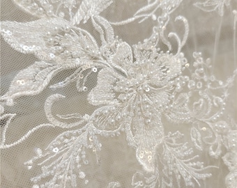 Ivory heavy Sequin beaded Lace Fabric, Floral Pearl lace Bridal Wedding Dress, Rayon Embroidery Tulle flower applique fabric by the yard