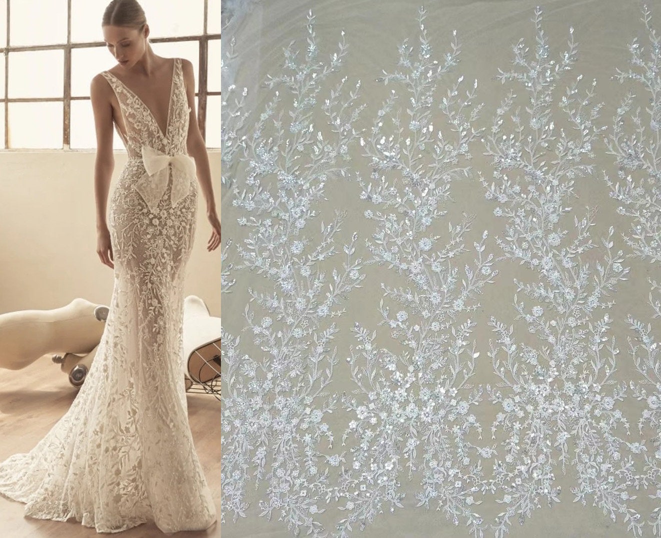 Ivory heavy Sequin beaded Lace Fabric, Floral Leaves lace for Bridal Wedding Dress Veil, Embroidery Tulle flower applique fabric by the yard