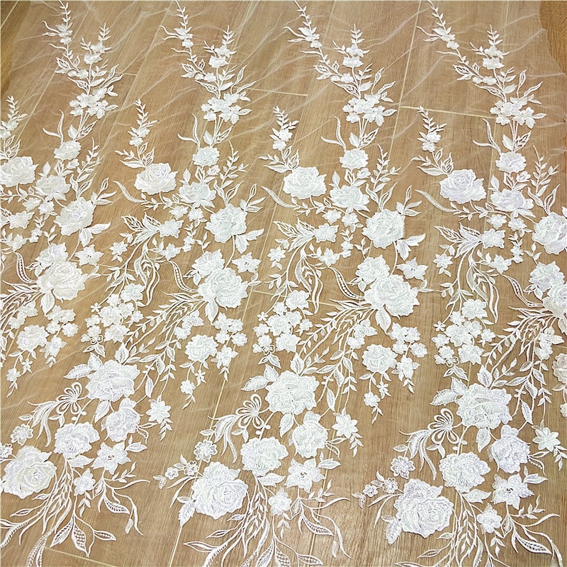 3D Embroidery Flower Lace Fabric, Bridal Ivory White Wedding Dress Lace Applique, Floral Venice Mesh Tulle Veil Sequin Lace by the yards image 5