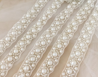 Ivory Pearl beaded rhinestone lace trim, Wedding Dress Veil Applique, Bridal Bridesmaids wedding belt sash strap headband headpiece