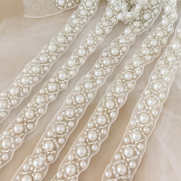 Ivory Pearl beaded rhinestone lace trim, Wedding Dress Veil Applique, Bridal Bridesmaids wedding belt sash strap headband headpiece