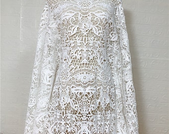 Boho White Ivory Quipure Lace Fabric, Rayon Mesh lace Bridal Wedding Dress, Cotton Embroidery Alencon Tulle flower lace by the yard