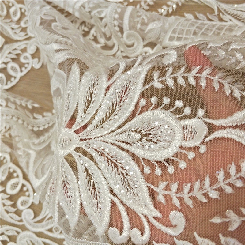 White Ivory Applique Lace Fabric Guipure lace material | Etsy