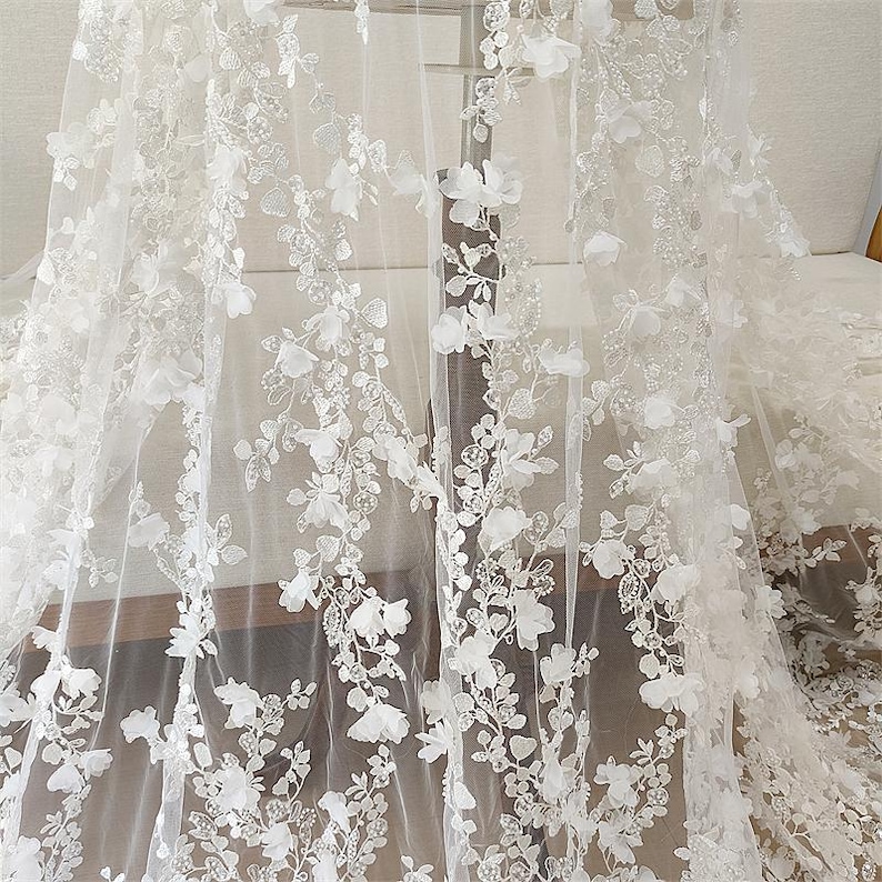 3D Ivory Sequin beading flower Lace Fabric, Couture lace for Bridal Wedding Dress, Embroidery Tulle Veil floral applique fabric by the yard image 8
