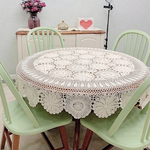 Custom Flower lace tablecloth, Handmade crochet round floral table cloth, Vintage Table linen cover Fabric for home wedding decor zdjęcie 2