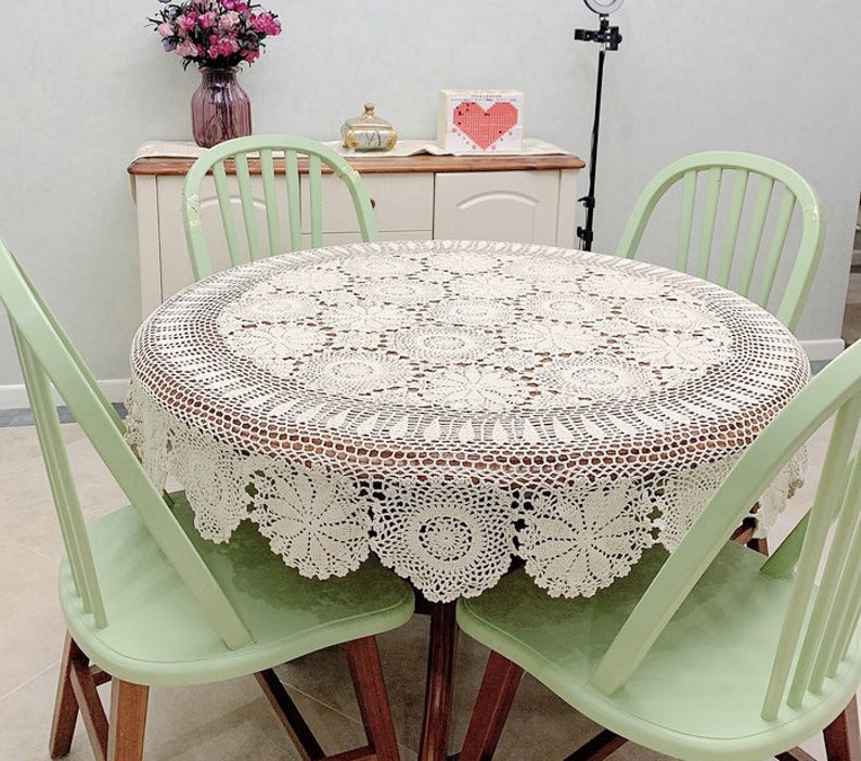 Custom Flower lace tablecloth, Handmade crochet round floral table cloth, Vintage Table linen cover Fabric for home wedding decor zdjęcie 2