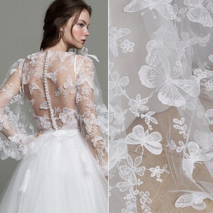 3D Butterfly Lace Fabric for Wedding Gown, Bridal Wedding Dress lace material,Soft Off White Tulle Embroidery Lace bridal Fabric by Yard
