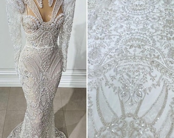 3D Beaded Geometric couture flower lace Fabric with sequin Silver thread, Wedding Dress Bridal Rayon Embroidery Tulle Lace Fabric by Yard