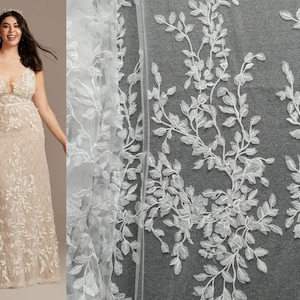 3D white bridal lace fabric, Leave Leaf Floral flower Lace for Wedding Dress, Soft Embroidery Tulle Veil applique Fabric by the yard