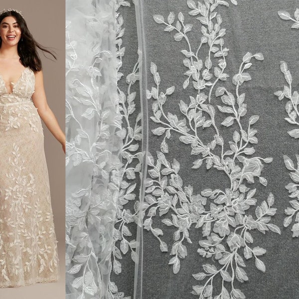 3D white bridal lace fabric, Leave Leaf Floral flower Lace for Wedding Dress, Soft Embroidery Tulle Veil applique Fabric by the yard