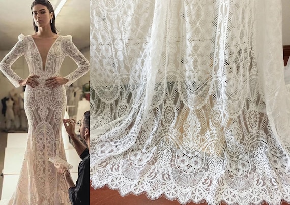 Soft French lace Chantilly lace Flower scalloped Lace, Boho Bridal Wedding Dress Tulle Fabric, 3 Yards Eyelash Floral Embroidery Veil lace