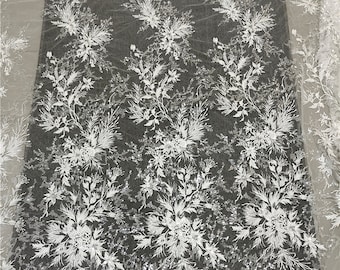 Tela de encaje de flor de marfil blanco con lentejuelas, encaje para vestido de novia, tul de malla bordado floral Applique encaje cortado a medida