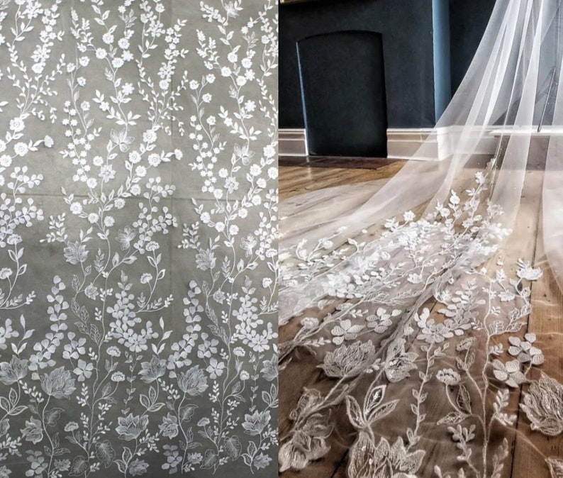 Boho Ivory Embroidery floral Lace Fabric Bridal sequin Lace material Wedding Dress Soft Tulle Rayon Mesh leaves flower lace by the yard image 3