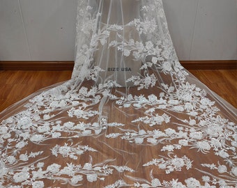 Luxury White Sequin beaded Lace Fabric, Floral Beading lace for Bridal Wedding Dress, Embroidery Tulle flower applique fabric by the yard