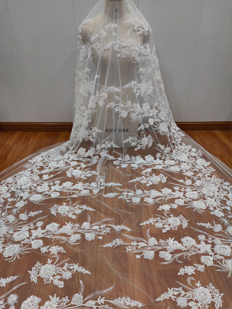 Luxury White Sequin beaded Lace Fabric, Floral Beading lace for Bridal Wedding Dress, Embroidery Tulle flower applique fabric by the yard