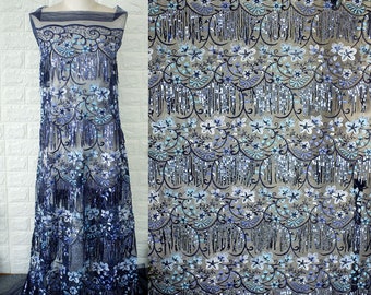 Tecido de tule de renda com borla champanhe azul, material de moda floral diy, vestido de casamento boho, vestido de noite, renda de flor bordada com lantejoulas frisadas