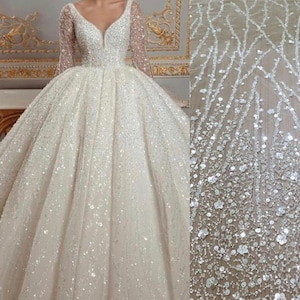 3D Beaded Geometric couture flower lace Fabric with sequin Wedding Dress Bridal Embroidery Tulle Lace Fabric by Yard