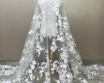 Embroidery White floral Lace Fabric, Bridal Lace for Prom Wedding Dress Gown, Soft flower curtain lace by the yard