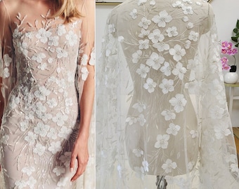 Ivory beaded flower lace fabric with pearl, Floral Lace for Bridal Wedding Dress, Soft Embroidery Tulle Veil applique Fabric by the yard