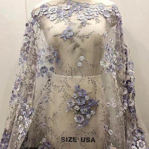 3D Purple Lace Tulle Embroidery Beaded Flower Lace Fabric for Costume Wedding Evening Prom Dress, Blue Champagne floral lace by the yard