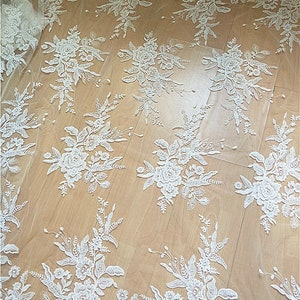 White Ivory Flower Lace Fabric with Sequin, Lace for Bridal Wedding Dress, Alencon Mesh Tulle Embroidery floral Applique lace by the yard