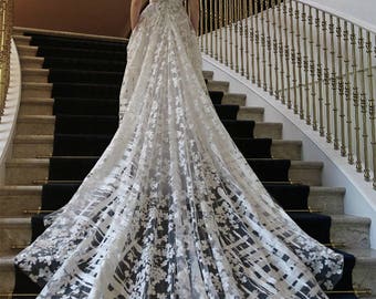 White Ivory Lace Fabric, Floral Veil lace, lace for Bridal Wedding Dress , Embroidery Tulle flower lace by the yard
