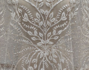 Tela de encaje con lentejuelas blancas pesadas, encaje floral con hojas para vestido de novia, tela de tul con bordado de hojas y apliques de flores cortada a medida