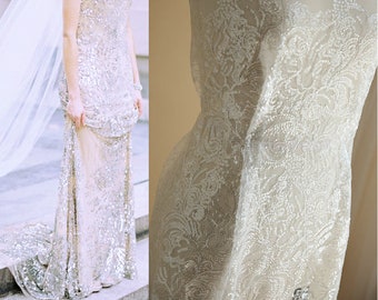 Tecido de renda marfim macio com lantejoulas, material de renda guipura, vestido de noiva Gatsby, vestido de noite, tule de flor bordado no quintal