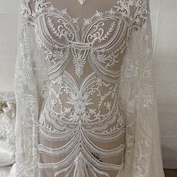 heavy lace dress Bridal heavy laBridal heavy lace beaded modest Tiered wedding dress fa Angelgown