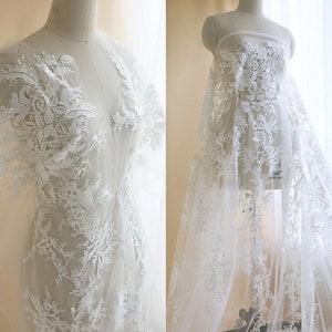 Soft Ivory Lace Fabric with sequin, Floral guipure lace material, Bridal Wedding Dress , Embroidery leaves flower cloth lace by the yard