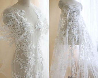 Soft Ivory Lace Fabric with sequin, Floral guipure lace material, Bridal Wedding Dress , Embroidery leaves flower cloth lace by the yard