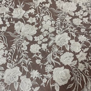 3D Embroidery Flower Lace Fabric, Bridal Ivory White Wedding Dress Lace Applique, Floral Venice Mesh Tulle Veil Sequin Lace by the yards image 7