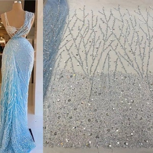 Blue Purple Pink heavy Sequin beaded Lace, lace for Bridal Evening Wedding Dress, Rayon Embroidery Tulle flower beading fabric by the yard