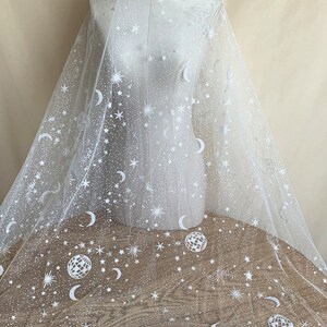 Star Moon Glitter Fabric, Soft Ivory White Tulle, Bridal Bridesmaid Prom Evening Dress, Bling Sparkle lace, Veil DIY Material by the Yard