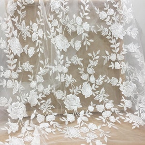 White Ivory Flower Sequin Lace Fabric, Veil Bridal Wedding Dress Applique, Cotton Rayon Mesh Leaf Rose Embroidery floral lace by the yard