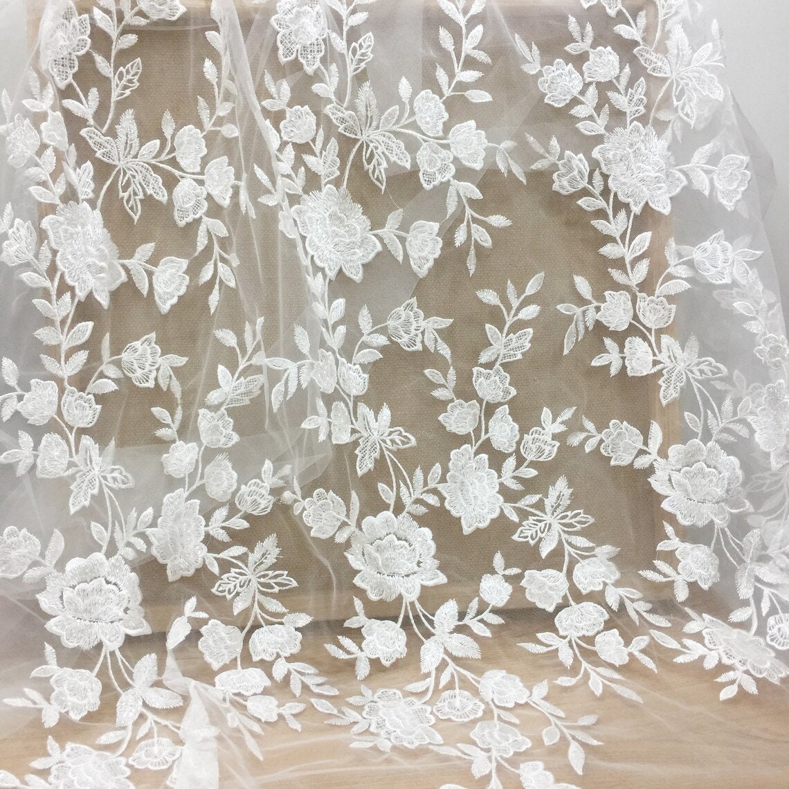 White Ivory Flower Sequin Lace Fabric, Veil Bridal Wedding Dress Applique, Cotton Rayon Mesh Leaf Rose Embroidery floral lace by the yard