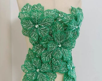 Aplique de encaje de flor verde 3D, tela de encaje de pedrería de lentejuelas con bordado de color rosa gris, ribete de encaje de vestido de novia, parche de vestido de noche