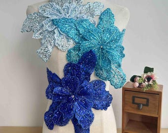 3D Flower Lace Fabric, Blue Embroidery Beaded Sequin rhinestone applique piece, Bodice patch for Wedding Costume Dance Evening Prom Dress