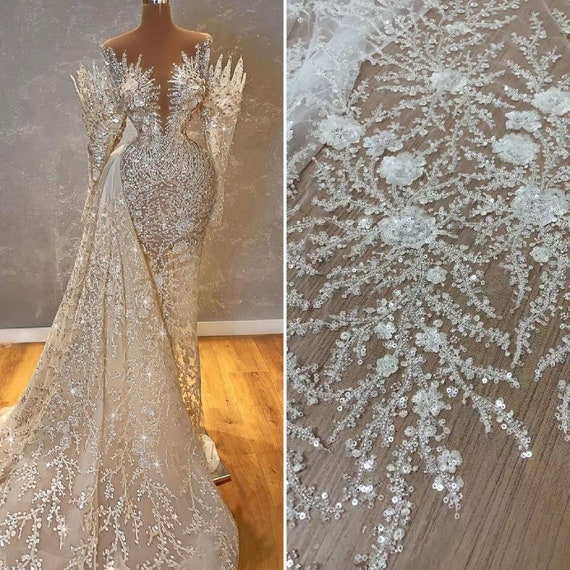Ivory Sequin Beaded Tulle Material Ivory Sequin Beaded Tulle Material